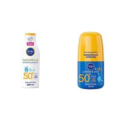 NIVEA SUN Kids Protect & Sensitive Sun Lotion (200ml) Sunscreen with SPF 50+, Kids Suncream & SUN Kids Protect & Care Caring Roll-On (50 ml) Sunscreen with SPF 50, Roll-On Kids Suncream