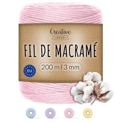 Creative Deco 3mm x 200m Corde Macramé Rose Pastel | Fil de Coton et Polyester | +/- 0.5 mm d’Épaisseur | 30 Plis | Ficelle Cordelette Naturel | Cuisine Jardin Jardinage Emballage Cadeau Bricolage