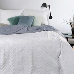 Reversible Bedspread, Armchair Protector, Bed Throw, Luiz, Quilt, Velour, Soft Sofa Blanket, Quilting, 70 x 160 cm, 170 x 210 cm, 220 x 240 cm, Matching Pillowcases (White + Silver, 170 x 210 cm)