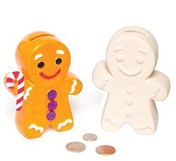 Baker Ross AC302 Gingerbread Man Ceramic Coin Banks (Pack of 2), Perfect Kids to Decorate, Ideal for Home, School and Craft Groups, Assorted,12 x 9centimeters