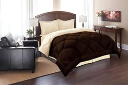 Elegant Comfort Breathable and Super Soft All Season Reversible Diamond Box Quilted Comforter Set, Microfiber, Brown/Cream, Full