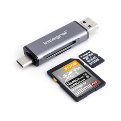Integral microSD & SD Memory Card Reader Adapter - Dual Ended USB 3.0 & USB C - For iPhone 15/16 Plus/Pro/Pro Max, MacBook Pro/Air M1/M2/M3/M4, iPad, PC, laptop, smartphone