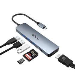 QHOU Concentrador USB C de Doble Pantalla 6 en 1, Adaptador USB 3.0, estación de Acoplamiento rápido de 5 Gbps (4K HDMI, SD/TF, USB A 3.0) para Mac Pro/Air, DELL, Superficie, HP, Lenovo y Tipo C