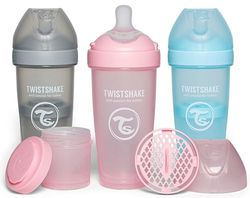Twistshake 3x Pro Double Anti-Koliek Babyfles met Melkpoedercontainer - 330 ml | Snelle Stroom Siliconen Borstachtige Speen | BPA-Vrije Babyfles | Geschikt voor Baby's Vanaf 4m+ | Roze Grijs Blauw