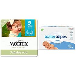 Moltex Pure & Nature - Pannolini ecologici, taglia 5 (13-18 kg), 176 pannolini, colore bianco con motivo stampato & WaterWipes Original Salviette Senza Plastica per Bebè