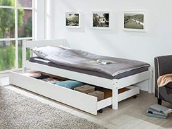 Inter Link - Tiroir de lit - Tiroir de lit sur roulettes - Tiroir extensible - Pin massif - Blanc - Dimensions en cm : longueur 199 x largeur 94 x hauteur 22 - Umea