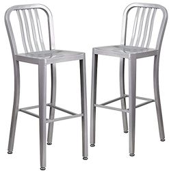 Flash Furniture Conjunto de 2 bancos de bar, metal, uso interno e externo, 76,2 cm de altura, suporte de tábuas verticais, qualidade comercial, cor prateada
