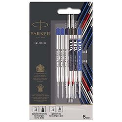 Parker Paquet de recharges Discovery pour stylo bille et gel : 3 recharges Quinkflow pour stylos à bille et 3 recharges Quink d’encre de gel lot de 6