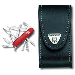 Victorinox, Huntsman, Coltellino Svizzero, Originale, Multiuso, Campeggio, 15 Funzioni, Lama, grande, Cavatappi, Rosso & custodia in pelle per cintura, nera (B1), taglia unica