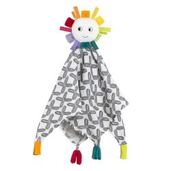 Fehn Doudou en mousseline - Motif soleil - Camarade de jeu, aide à l'endormissement et doudou en tissu avec mousseline de coton et figurine mignonne avec hochet - Pour bébés et tout-petits à partir de