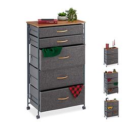 Relaxdays Chest Castors, 5 Drawers, Decor Fabric Stand, Wood Look, HWD 96.5 x 58 x 30 cm, Grey, Steel