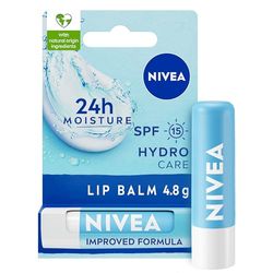 NIVEA Lip Balm Hydro Care with SPF 15 (4.8g), Hydrating Lip Balm with Shea Butter, Natural Oils and Vitamins, Provides 24 Hour Moisture and Protection, Lip Care