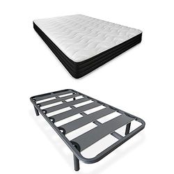 Duérmete Online Cama Completa con Colchón Pocket Visco Reversible (Cara Invierno/Verano) + Somier Reforzado 40x30mm con Patas Metálicas Roscadas, Acero aleado, Gris, 90 x 190