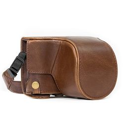 MegaGear MG1141 Panasonic Lumix DC-GX850, GX800, DC-GF9, DMC-GF8, DMC-GF7 (12-32 mm) estojo Ever Ready, capa de couro, de breve utilização, com correia - castanho escuro
