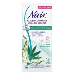 NAIR - Bandes de Cire Froide Maillot & Aisselles, à l'Extrait d'huile de Chanvre, 97% d'Origine Naturelle, NaturAdvanced Technology, 16 Bandes