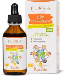 FLORA Olio da Massaggio BimBìo 100 ml BIO-BDIH – Olio Nutriente per Bambini 0-12 anni con Mandorle Dolci, Girasole & Oli Essenziali di Arancio • Mandarino • Vaniglia, Formula 100% Vegetale, Vegan