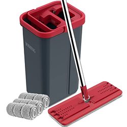 BOSHENG Mocio e secchio con strizzatore, mocio piatto e secchio mani libere, 3 panni in microfibra lavabili inclusi, uso bagnato e asciutto, sistema di pulizia del pavimento domestico, nero e rosso
