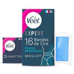 Veet EXPERT - 16 strisce di cera fredda, maglia per pelli sensibili, finitura perfetta, depilazione a lunga durata