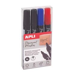 APLI 19685-4 x permanente marker met ronde punt, 3 mm, 2 x zwart, 1 x blauw, 1 x rood, meerdere oppervlakken.