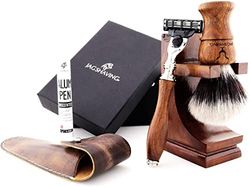 Jag Shaving Juego de afeitado sostenible de 4 piezas de madera – Brocha de afeitar de pelo sintético plateado – 3 cuchillas de afeitar – Soporte de afeitado – Funda de piel para maquinilla de afeitar