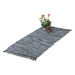 Relaxdays Tapis tissé, 70 x 140 cm, Coton et Cuir, Descente de lit à Franges, antidérapant, natte décorative, Gris