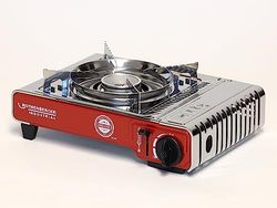 ROTHENBERGER Deluxe Industriële compacte outdoor gas-/gaspatronen-/campingkooktoestel, 1 vlam, voor pannen van 12-34 cm, hoogwaardig ingebouwd (roestvrij staal), inclusief draagtas
