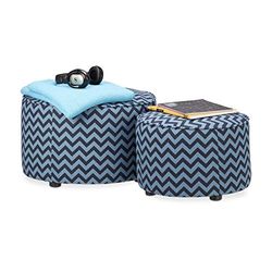 Relaxdays Sgabelli, Set da 2, con Stoffa Senza Schienale, Pouf Rotondo, Comodo Poggiapiedi, Disegno Geometrico, Blu/Nero, Tessuto, Legno, Multicolore, 2 Pz