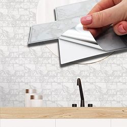 WALPLUS 28.5x14cm@36 pcs White Marble Metro Flat Tile Sticker Backsplash Tile Paint Stick on Tiles Peel and Stick Self Adhesive Wall Tiles Stickers for Kitchen Bathroom Tile Transfer