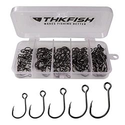 THKFISH 100 stks/doos inline enkele haken vervanging vishaken voor kunstaas aas inline cirkel haken grote oog met prikkeldraad zoutwater zoetwater 2 1 1/0 2/0 3/0 zwart