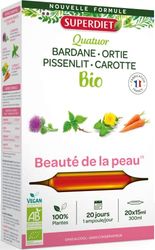 SUPERDIET - QUATUOR BEAUTÉ DE LA PEAU BIO - Bardane, Ortie, Pissenlit, Carotte -Phytothérapie -Fabrication Française - 20 ampoules de 15 ml