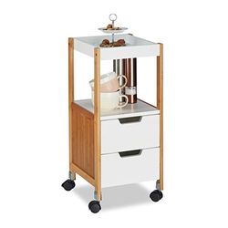 Relaxdays Carrinho de cozinha com gavetas, DM e bambu, branco, 69 x 30 x 30 cm, placa de fibras