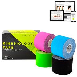 KALAHARI 4 Waterdichte Kinesiology Tapes plus E-Book toepassingen in het Nederlands – Synthetische Kinesiologie Tape voor een betere Hechting en Bestandbaarheid tegen Water en Zweet – Kinesio 5cm x 5m