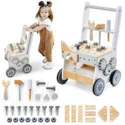 Mamabrum Andador Bebé 3 en 1 - Correpasillos Bebe de Madera con Taller y 45 Accesorios - Juguetes con Herramientas Educativas - Regal Niñ 2 Años - Centro Actividades