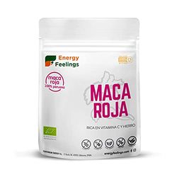 Energy Feelings Maca Roja ECO - 200 g, Maca Vegana en Polvo, Rica en Vitamina C y Hierro, Efecto Vigorizante y Afrodisiaco, Mejora Rendimiento Físico, Sin Lactosa, Sin Gluten y Sin Azúcar Añadido