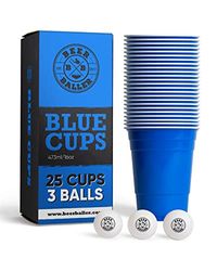 BEERBALLER® Blue Cups - 25 blauwe Beer Pong cups & 3 bierpong balletjes | vaatwasmachinebestendig & herbruikbaar | 473ml - 16oz party cups | bierpong cup set | Original American Beerpong cups