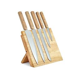 Livoo - Set de 5 couteaux et support magnétique MEC136-5 couteaux, manche en bois d'hévéa 3 rivets, acier inoxydable