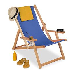 Relaxdays Tumbona Madera, Hamaca Jardín, 3 Posiciones, 100 kg, Silla de Playa con Reposabrazos y Soporte Bebidas, Azul, 1 Unidad