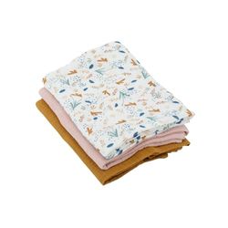 Domiva - Set of 3 cotton gauze cloths: 1 print + 2 plain pink caramel 60 x 60 cm, 1 print + 2 plain pink caramel