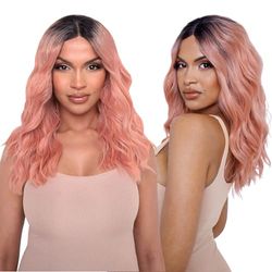 The Ros√© - Pink Mid Length Loose Wave Lace Front Wig