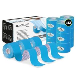 Mobiclinic®, Pack 12 uds. kinesiotape, Venda neuromuscular adhesiva, 5m x 5cm, Esparadrapo deportivo, Alivio dolor muscular, Vendaje kinesiológico, Cinta kinesiológica, Face tape, Azul