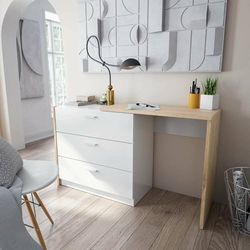 Dmora Toronto Desk, Writing Desk with Drawer and Concealed Top, Study or Office Table PC Holder, 75 x 40 x 130 cm, White and Oak Nodes, Melamine Panel 15 mm