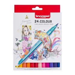 Bruynzeel Creatives Fineliner/Brush Pen Set of 24 Colors | Dual-Tip Pens for Writing, Drawing & Coloring Books for Adults