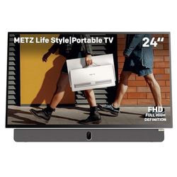 Metz TV Portatile, MPE7000Z, 24", Batteria Incorporata, Ricarica Auto 12V e Power Bank, Anti-glare, LED, FHD Smart, Google TV, HDMI, USB, Bluetooth, Wifi 5, Uscita Antenna, Grigio [4 Anni di Garanzia]