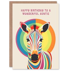 Artery8 Auntie Happy Birthday Card Fun Rainbow Zebra Stripes Bauhaus Bright Funky For Her Greeting Card
