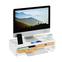 relaxdays Suporte para monitor e portátil com 2 gavetas para secretária, bambu e DM, branco e castanho, 12 x 55,5 x 27 cm