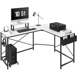 VEVOR Escritorio de Esquina 150x120x76 cm Carga de 90 kg Escritorio en Forma de L con Bolsa de Almacenamiento, Elevador de Monitor y Soporte de CPU Mesa de Ordenador para Estudio Trabajo Casa Blanco