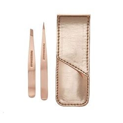 TWEEZERMAN Set di pinzette Petite (custodia in pelle, pinzette oblique e a punta, pinzette per sopracciglia, acciaio inossidabile), oro rosa