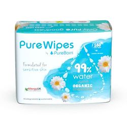 PureBorn Pure Wipes, vochtige babydoekjes met organisch kamille-extract, 180 doekjes (3 x 60), voor de gevoelige babyhuid, dermatologisch getest, biologisch afbreekbaar