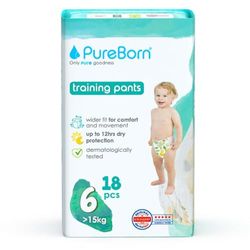 PureBorn Pieluchomajtki Baby Pants, Rozmiar 6 (15+ kg), 18 Sztuki, Doskonała Ochrona i w Dzień i w Nocy, Wyjątkowo Miękkie, Przyjazne dla Skóry, Testowane Dermatologicznie