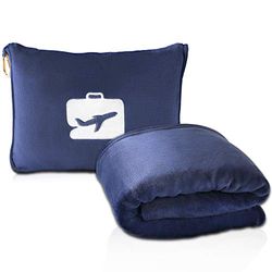 EverSnug Travel Blanket and Pillow - Premium Soft 2 in 1 Airplane Blanket with Soft Bag Pillowcase, Hand Luggage Belt and Backpack Clip (Navy Blue)